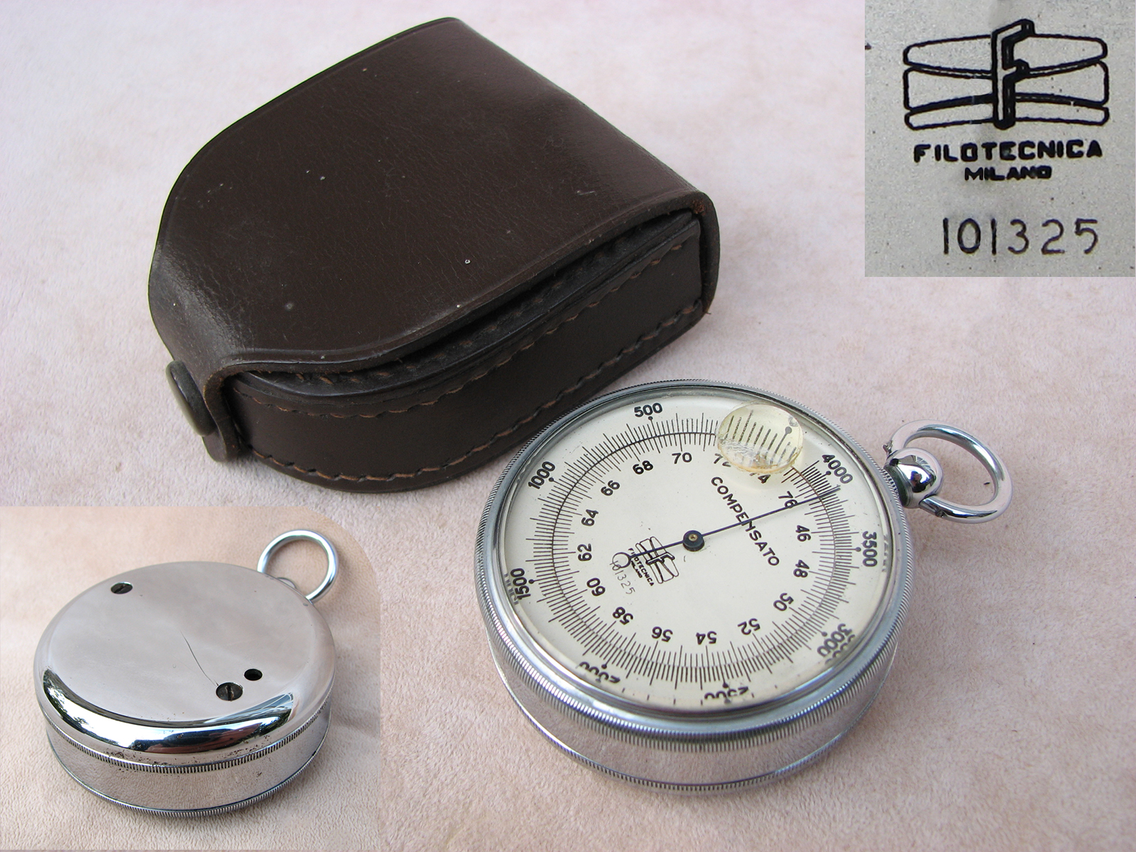 Post WW2 pocket barometer with rare Torr scale signed Filotecnica, Milano